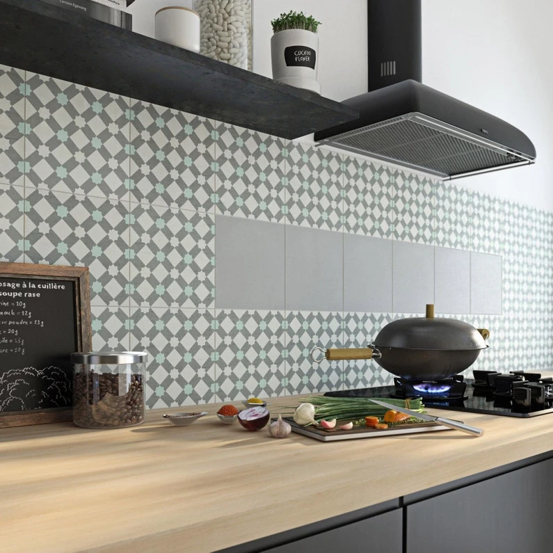 Carreau De Ciment Mur Ciment Gris, Vert, Blanc Mat L.20 X L.20 Cm, Belle époque 1 Carreau De Ciment Mur Ciment Gris, Vert, Blanc Mat L.20 X L.20 Cm, Belle époque